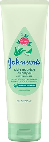 Johnson's Skin Nourish Creamy Oil, Aloe Scent & Vitamin E, Creamy Oil Helps Prevent Dryness & Moisturizes Baby's Delicate Skin for 24 Hours, Hypoallergenic & Non-Greasy, 8 fl. oz - Jamouz