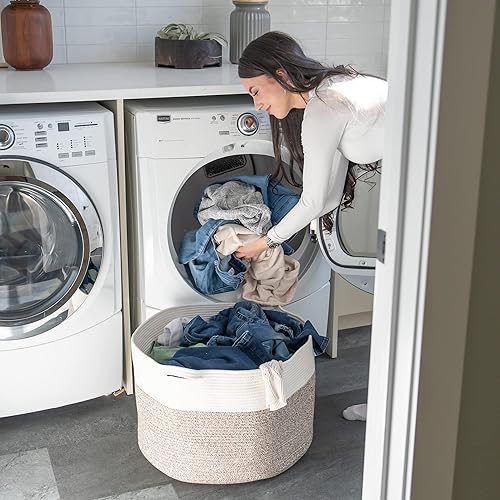 Little Hippo XXXL Large Cotton Rope Basket (22'x14') 100% Natural Cotton! Rope Basket, Woven Storage Basket, Large Basket, Blanket Basket Living Room, Toy Basket, Pillow Basket (White & Brown) - Jamouz