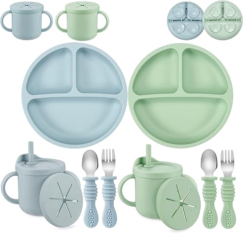 PandaEar Silicone Baby Feeding Set| 2 Pack Silicone Divided Suction Plate and 2 Pack Tiny Cup with 2 Spoons 2 Forks| Baby Led Weaning Supplies Self Feeding Eating Utensils (Light Blue/Light Green) - Jamouz