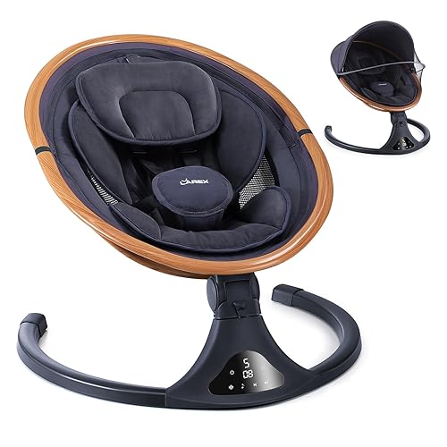 LAREX Baby Swing to Toddler Electric Infant Swing Portable for Newborn Boy Girl, 5 Sway Speeds with Remote Control, 12 Preset Melodies and Bluetooth, 0-6 Months Max 20 Lbs(Dark Wood Grain) - Jamouz