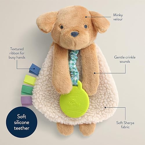 Itzy Ritzy - Itzy Lovey Including Teether - Baby Lovey with Teether, Textured Ribbons & Dangle Arms - Features Crinkle Sound, Sherpa Fabric and Minky Plush (Pink Bunny) - Jamouz