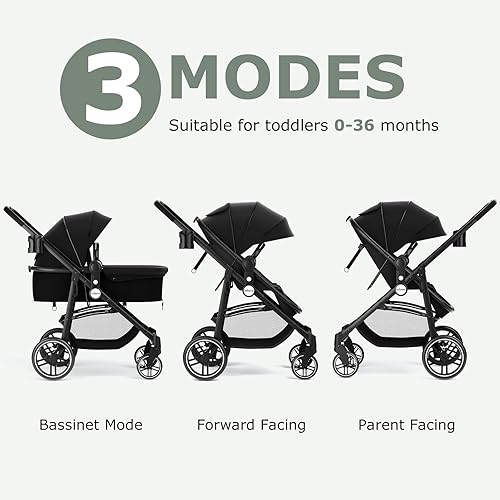 INFANS 2 in 1 Baby Stroller, High Landscape Infant Stroller & Reversible Bassinet Pram, Foldable Pushchair with Adjustable Canopy, Cup Holder, Storage Basket, Suspension Wheels (Grey) - Jamouz