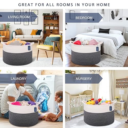 COMSE Extra Large Blanket Basket, Storage Basket, Laundry Basket, 21.7”x 13.8”, Laundry Hamper, Cotton Rope Basket, Blanket Basket Living Room, Toy Basket (White & Cadet Blue & Navy Blue) - Jamouz