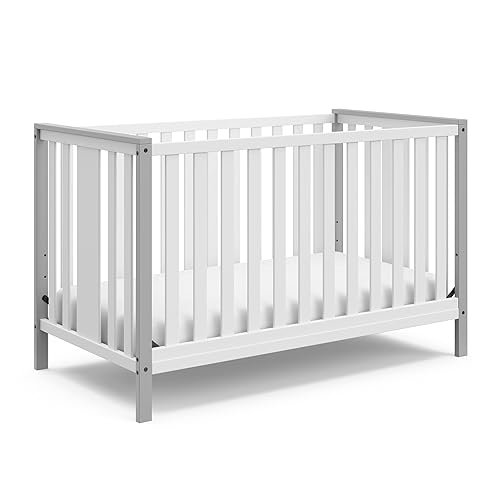 Storkcraft Modern Pacific 4-in-1 Convertible Crib (White with Vintage Driftwood) – GREENGUARD Gold Certified, Converts from Baby Crib to Toddler Bed and Full-Size Bed, Adjustable Mattress Support Base - Jamouz