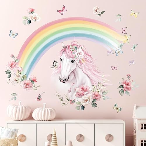 wondever Large Rainbow Wall Decals Unicorn Flower Peel and Stick Wall Art Stickers for Girls Bedroom Kids Room Baby Nursery - Jamouz