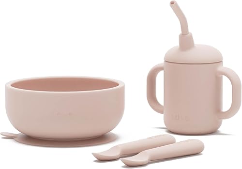 Lalo First Bites Silicone Baby Feeding Set - Baby Led Weaning Supplies - Non-Toxic Silicone - Includes 2 Bibs, 2 Spoons, Training Cup, Suction Plate and Bowl - 6 Pieces - Sage - Jamouz