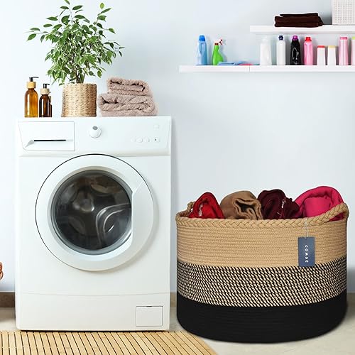 COMSE Extra Large Blanket Basket, Storage Basket, Laundry Basket, 21.7”x 13.8”, Laundry Hamper, Cotton Rope Basket, Blanket Basket Living Room, Toy Basket (White & Cadet Blue & Navy Blue) - Jamouz