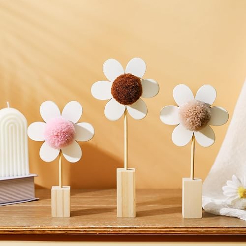 3 Pcs Wooden Daisy Nursery Shelf Decor Boho Daisy Decor Set Floral Aesthetic Flower Wall Art Bohemian Style for Nursery Baby Bedroom Boys Girls Kids(Boho Color) - Jamouz