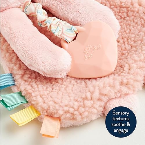 Itzy Ritzy - Itzy Lovey Including Teether - Baby Lovey with Teether, Textured Ribbons & Dangle Arms - Features Crinkle Sound, Sherpa Fabric and Minky Plush (Pink Bunny) - Jamouz