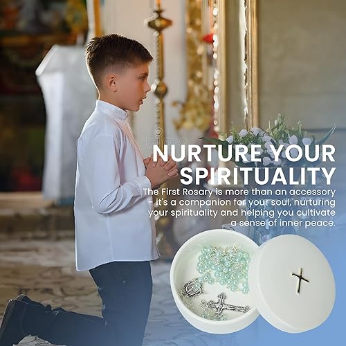 Sweet Treasures Gift – Baptism Gifts for Boys, First Rosary with Ceramic Keepsake Box and Card, Catholic Communion Gift, Christening and Baby Shower Rosary Beads, Blue - Jamouz