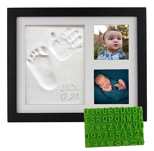 Baby Hand & Footprint Frame Keepsake Kit | Capture Milestone Moments with Safe Clay, Stencil Set & Wood Frame | Perfect Newborn Gift for Baby Showers | White - Jamouz