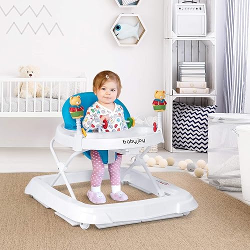 BABY JOY Baby Walker, Foldable Activity Walker Helper with Adjustable Height, Baby Activity Walker with High Back Padded Seat & Bear Toys (Gray, Star Pattern) - Jamouz