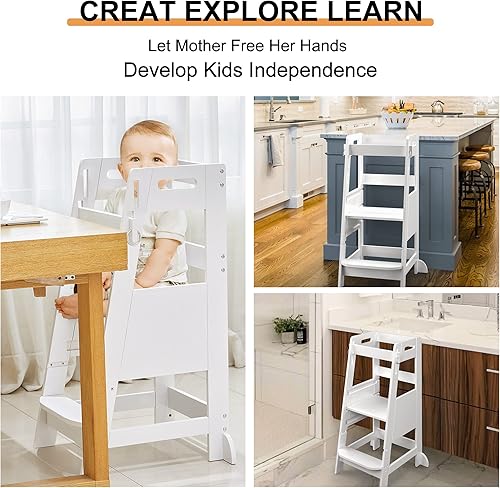 TOETOL Bamboo Toddler Kitchen Step Stool White Helper Standing Tower Height Adjustable with Anti-Slip Protection for Kids Kitchen Counter Learning - Jamouz