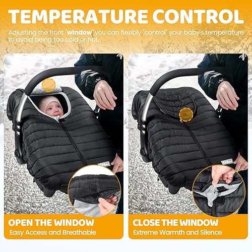 Orzbow Enfant Car Seat Covers - Cocoon Baby Cover for Boys & Girls, Rain & Snow Repellent, Breathable Windproof, Winter Protector, Center Zipper, Universal Fit for Infant Car Seat (0-12M), Black - Jamouz