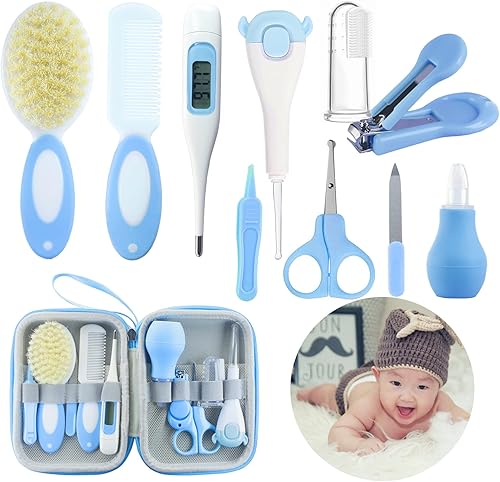 Baby Care Kits,Baby Grooming Kit,10 in 1 Newborn Essentials Must Haves,Baby Nail Clippers Baby Brush Baby Comb Earpick Nose Cleaning Tool Baby Nail File Nursing Baby Kit （Blue） - Jamouz