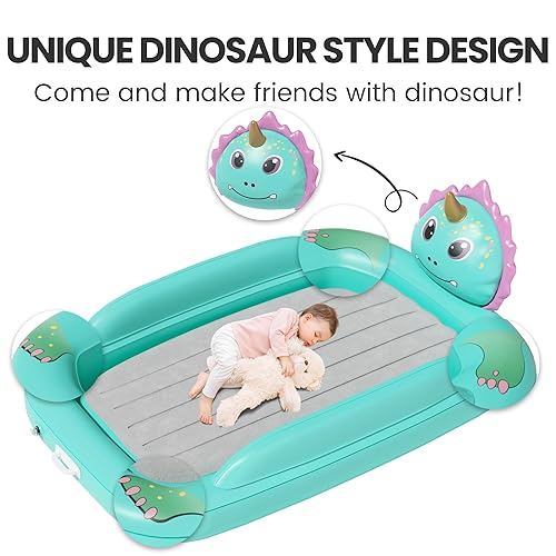 Inflatable Travel Bed with High Speed Pump, Portable Kids Air Mattress with Safety Bumpers, Toddler Travel Bed for Trip Camping Sleeplovers, Separate Mattress Design (60'-Dinosaur) - Jamouz