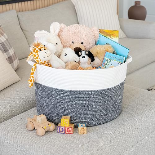 Little Hippo XXXL Large Cotton Rope Basket (22'x14') 100% Natural Cotton! Rope Basket, Woven Storage Basket, Large Basket, Blanket Basket Living Room, Toy Basket, Pillow Basket (White & Brown) - Jamouz
