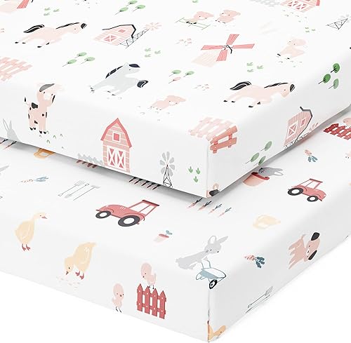 Pack and Play Sheets Fitted – Compatible with Graco Pack n Play Playard Crib and Other 27 x 39 Inch Playpen Mattress – Snuggly Soft 100% Jersey Cotton – Farm Animals – 2 Pack - Jamouz