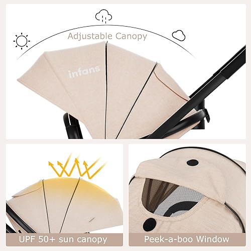 INFANS 2 in 1 Baby Stroller, High Landscape Infant Stroller & Reversible Bassinet Pram, Foldable Pushchair with Adjustable Canopy, Cup Holder, Storage Basket, Suspension Wheels (Grey) - Jamouz