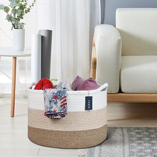 COMSE Extra Large Blanket Basket, Storage Basket, Laundry Basket, 21.7”x 13.8”, Laundry Hamper, Cotton Rope Basket, Blanket Basket Living Room, Toy Basket (White & Cadet Blue & Navy Blue) - Jamouz
