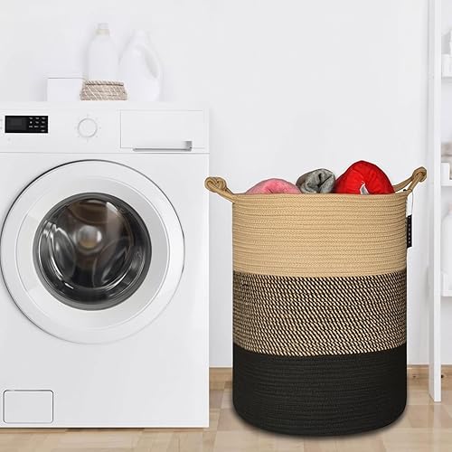 COMSE Extra Large Blanket Basket, High Storage Basket, Tall Rope Laundry Basket, 15.7”x 21.7”, Cotton Rope Basket, XXXL Laundry Basket, Toy Basket, Clothes Baskets,White/Cadet Blue/Navy Blue - Jamouz