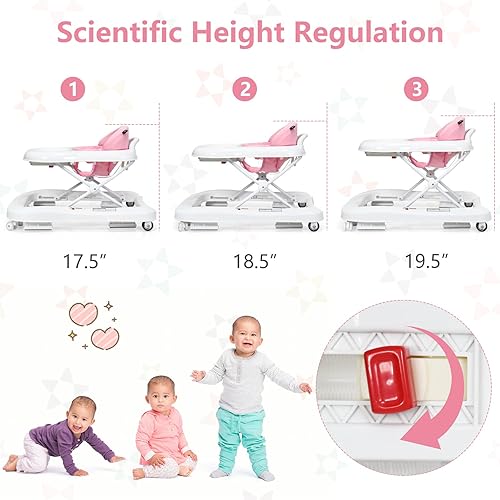 INFANS Foldable Baby Walker, 3 in 1 Toddler Walker Learning-Seated Walk-Behind for Boys and Girls, Adjustable Speed Rear Wheels, Safety Bumper, Detachable Seat Cover, Anti-Rollover (Pink) - Jamouz