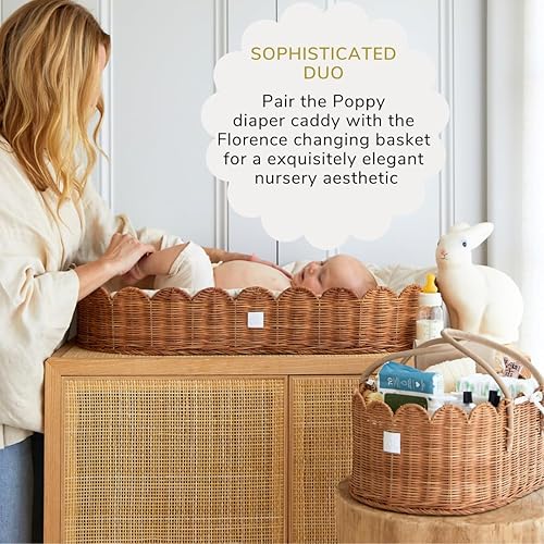 Premium Baby Diaper Caddy Organizer - Handmade & Award-Winning Scalloped Rattan Basket - Luxury Diaper Caddy Basket - Elegant Scalloped Edge (Natural) - Jamouz