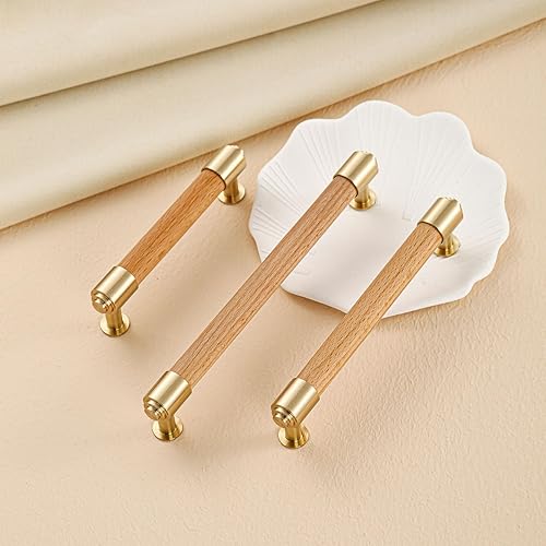 Modern Mid Century Brass and Wood Cabinet Pulls 3 Inch Center to Center Hole 4Pack Kitchen Drawer Handle Unfinished Dresser Knob for Closet Cupboard Wardrobe Brushed Finish - Jamouz