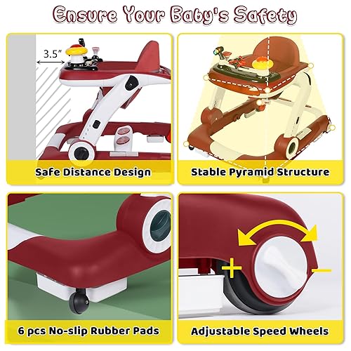 6 in 1 Baby Walker, Baby Activity Center for Toddler, Walker Rocker Bouncer w/Adjustable Height Speed, Learning-Seated & Walk-Behind, Infant Walker w/Feeding Tray & Music Toys, Red - Jamouz