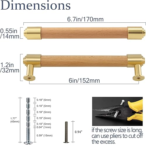 Modern Mid Century Brass and Wood Cabinet Pulls 3 Inch Center to Center Hole 4Pack Kitchen Drawer Handle Unfinished Dresser Knob for Closet Cupboard Wardrobe Brushed Finish - Jamouz