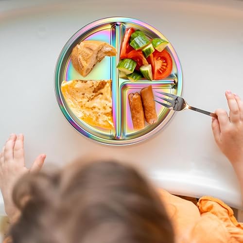 AIEVE Stainless Steel Kids Plates, 4 Pack Round Divided Toddler Plates, Portion Control Plate 9 Inch - Jamouz
