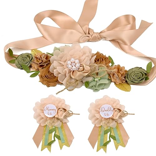 Maternity Sash Set for The Mommy and Daddy-to-be, with Corsage Pin Flowers as Baby Shower Souvenirs.Perfect for Gender Reveal Decorations and Pregnancy Photography Props (Khaki Green Leaf) - Jamouz