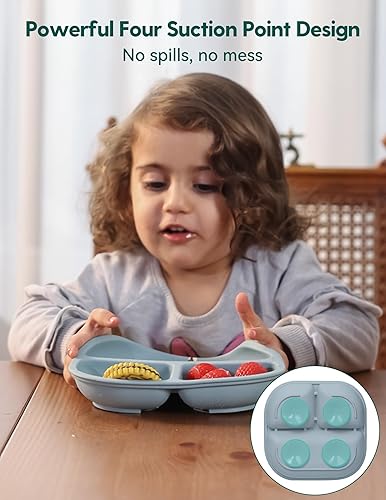 BABELIO Powerful Suction Plates for Baby and Toddler, 100% Food Grand Silicone, Divided, BPA Free, Microwave & Dishwasher Safe, Stay Put, 3 Pack - Jamouz