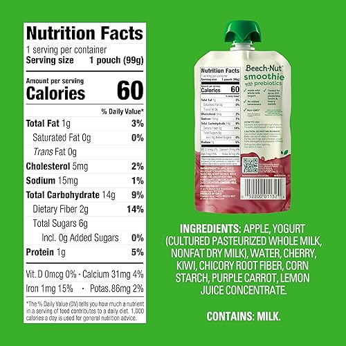 Beech-Nut Toddler Smoothies Variety Pack, Yogurt Smoothies with Prebiotics, Baby & Toddler Food Pouches, 3.5 oz (18 Pack) - Jamouz