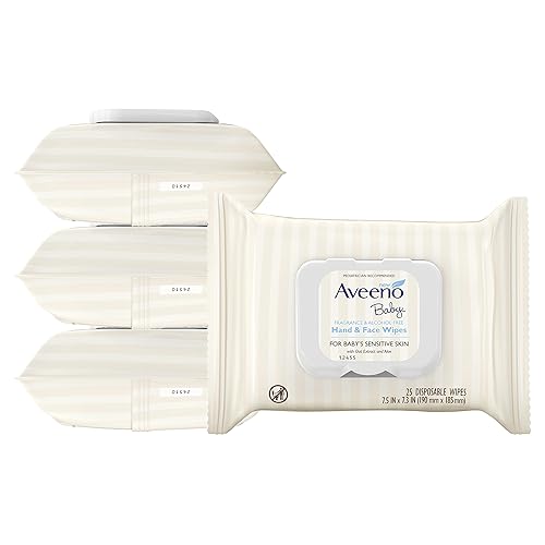 Aveeno Baby Hand & Face Cleansing & Moisturizing Wipes with Oat Extract and Aloe, Fragrance-Free Wipes for Sensitive Skin, Free of Sulfates, Alcohol, Parabens, and Dyes, 25 ct (Pack of 4) - Jamouz