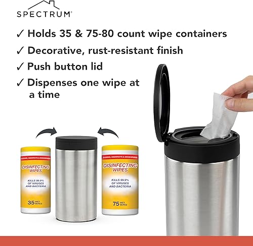 Spectrum Disinfecting Wipes Container with Push Button Lid - Refillable Dispenser for Bathroom, Kitchen, Classroom, Countertop, & Home - Stainless Steel & Rust-Resistant Disinfectant Wipes Holder - Jamouz