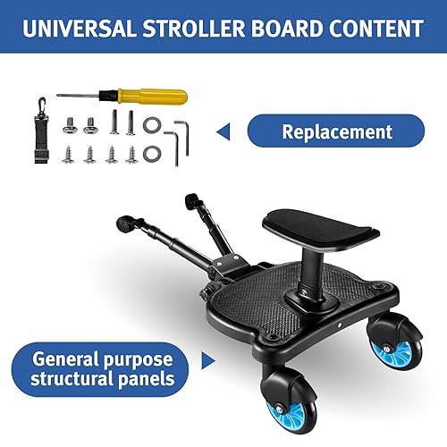 Universal Stroller Board with Detachable Seat - 2 in 1 Sit and Stand Stroller Standing Board for Most Brands of Strollers Holds Children up to 55lbs (Blue) - Jamouz