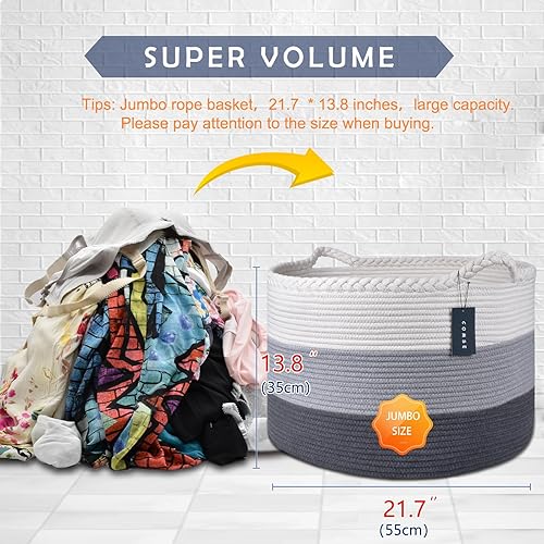 COMSE Extra Large Blanket Basket, Storage Basket, Laundry Basket, 21.7”x 13.8”, Laundry Hamper, Cotton Rope Basket, Blanket Basket Living Room, Toy Basket (White & Cadet Blue & Navy Blue) - Jamouz