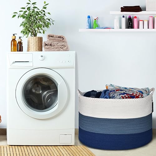 COMSE Extra Large Blanket Basket, Storage Basket, Laundry Basket, 21.7”x 13.8”, Laundry Hamper, Cotton Rope Basket, Blanket Basket Living Room, Toy Basket (White & Cadet Blue & Navy Blue) - Jamouz