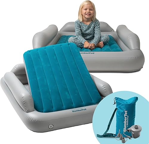 SlumberPod SlumberTot Inflatable Toddler Travel Bed - Portable Kids Air Mattress with Safety Bumpers - Perfectly Sized Ideal for Travel or Home Use - Includes Electric Pump - Jamouz