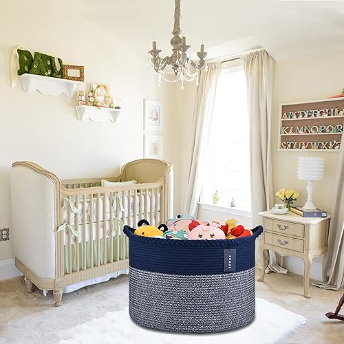 COMSE Extra Large Blanket Basket, Storage Basket, Laundry Basket, 21.7”x 13.8”, Laundry Hamper, Cotton Rope Basket, Blanket Basket Living Room, Toy Basket (White & Cadet Blue & Navy Blue) - Jamouz