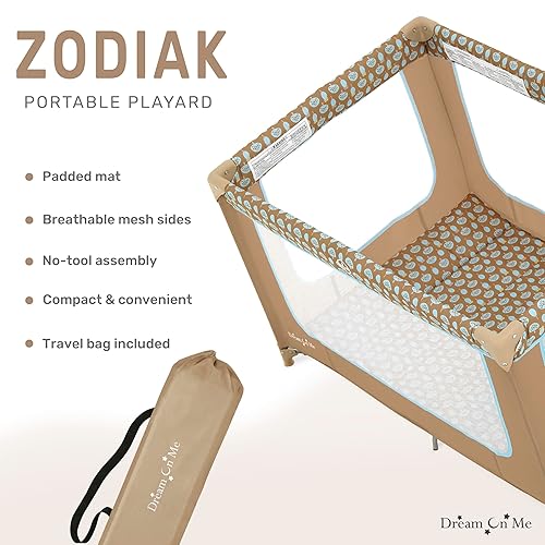 Zodiak Portable Playard in Coffee and Blue, Lightweight, Packable and Easy Setup Baby Playard, Breathable Mesh Sides and Soft Fabric - Comes with a Removable Padded Mat - Jamouz