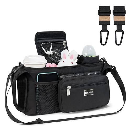 TOPDesign Universal Baby Stroller Organizer, Stroller Caddy with Detachable Mesh Bag & Heightened Insulated Cup Holders & Non-Slip Secure Hooks Accessories, Fits Most Strollers (Black) - Jamouz