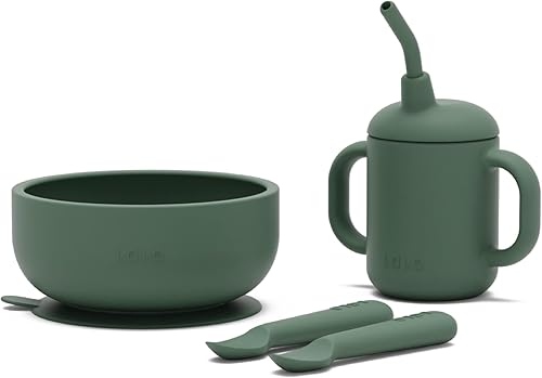 Lalo First Bites Silicone Baby Feeding Set - Baby Led Weaning Supplies - Non-Toxic Silicone - Includes 2 Bibs, 2 Spoons, Training Cup, Suction Plate and Bowl - 6 Pieces - Sage - Jamouz