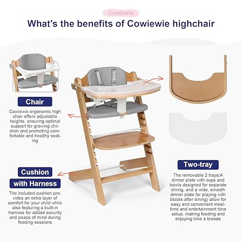Cowiewie 3-in-1 Convertible Natural Wooden High Chair for Babies & Toddlers 3-Tier Remove & 2 Adjustable Wood Tray & 8 Levels Adjustable, 2 Waterproof Cozy Cushions Grey - Jamouz