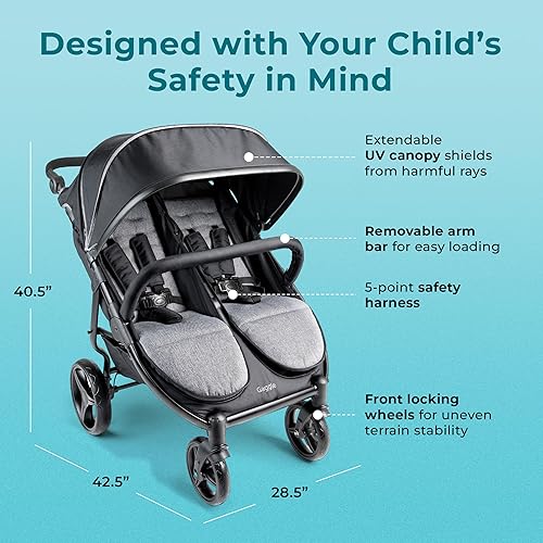 Gaggle by Foundations Roadster Duo Side by Side Double Stroller | Lightweight Compact Double Stroller for Toddlers | Easy to Fold & Maneuver | Amusement Park Approved | Black - Jamouz