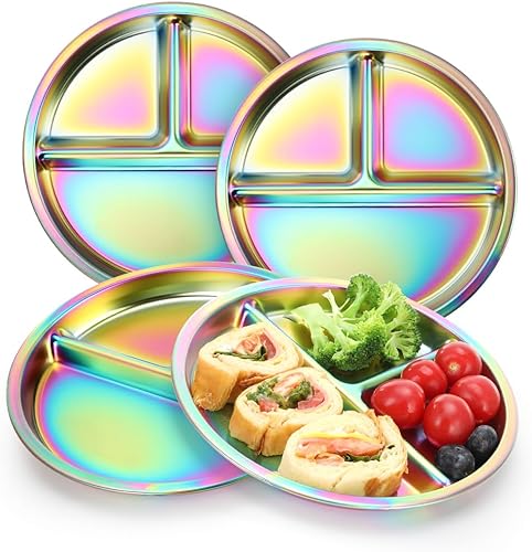 AIEVE Stainless Steel Kids Plates, 4 Pack Round Divided Toddler Plates, Portion Control Plate 9 Inch - Jamouz