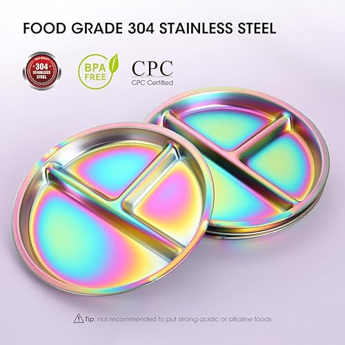 AIEVE Stainless Steel Kids Plates, 4 Pack Round Divided Toddler Plates, Portion Control Plate 9 Inch - Jamouz