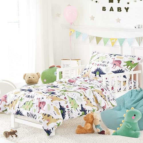 Joyreap 4 Piece Toddler Bedding Set, Standard Size Colorful Dinosaur Printed on Navy, Includes Quilted Comforter, Fitted Sheet, Top Sheet, and Pillow Case for Boys n Girls - Jamouz