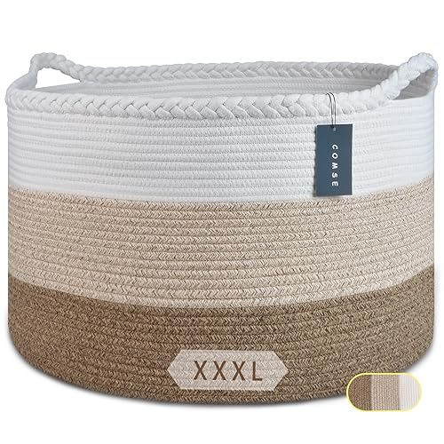 COMSE Extra Large Blanket Basket, Storage Basket, Laundry Basket, 21.7”x 13.8”, Laundry Hamper, Cotton Rope Basket, Blanket Basket Living Room, Toy Basket (White & Cadet Blue & Navy Blue) - Jamouz